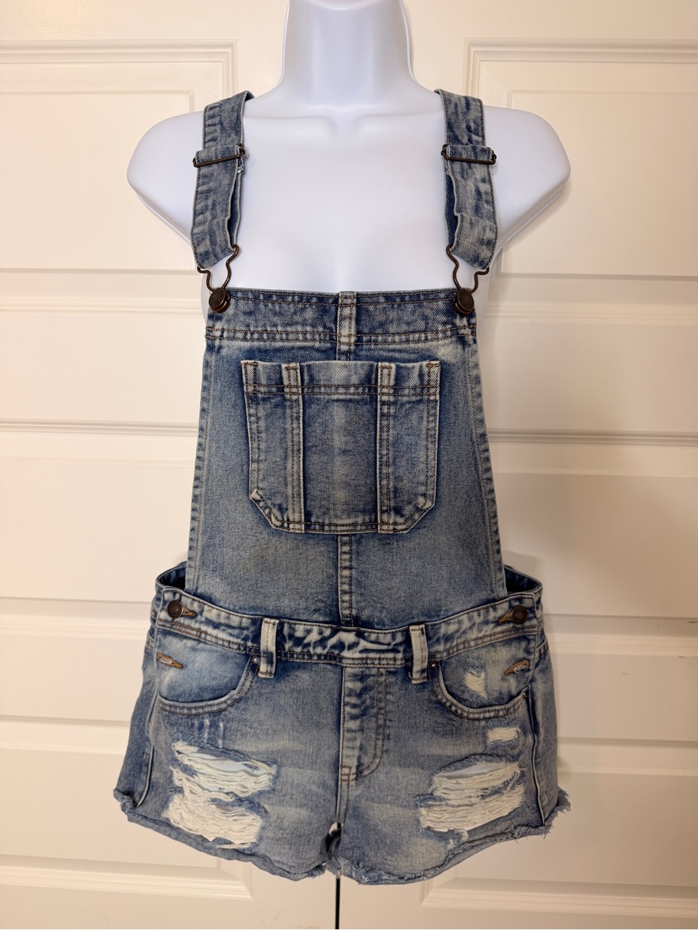 Denim Distressed Short Overalls - Light Blue